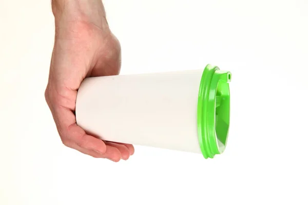 Human Hand Holds Blank Paper Coffee Cup Plastic Cap Concept — Stock Photo, Image