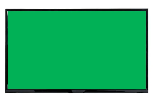 現代の高精細テレビ 抽象的なぼやけた白い背景に隔離された 空白の緑色のクロマキー画面を持つ液晶フラットモニター 技術と4Kテレビの広告コンセプト 詳細なスタジオクローズアップ — ストック写真