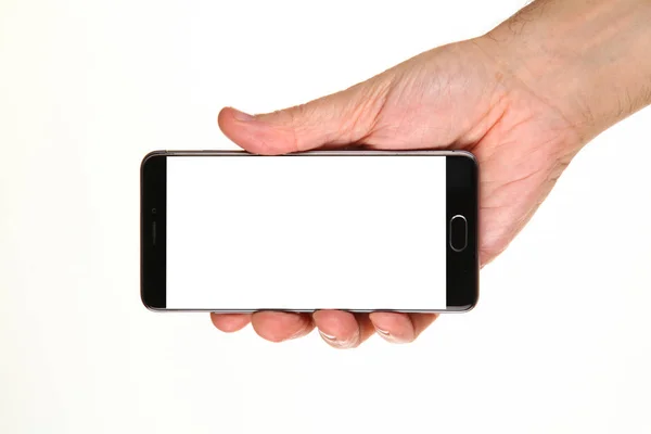 Tangan Manusia Memegang Smartphone Modern Dengan Layar Kromakey Kosong Telapak — Stok Foto