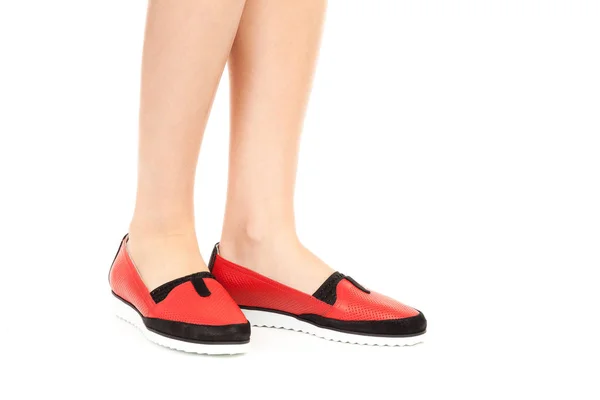 Ladies Outfit Footwear Long Slim Female Legs Wearing Low Leather — Stock Photo, Image
