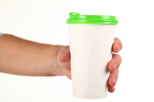 Människans Hand Håller Ett Tomt Papper Kaffekopp Med Plastlock Begreppet — Stockfoto