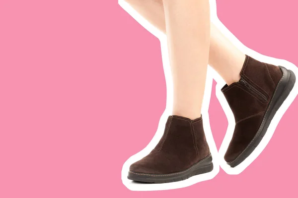 Ladies Outfit Footwear Long Slim Female Leg Wearing Low Leather — Stock Photo, Image