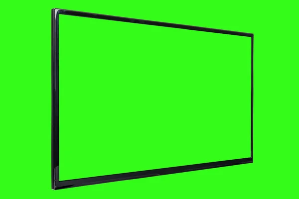 Modern high definition TV. LCD flat monitor with blank chromakey screen, isolated on abstract blurred green background. Technology and 4k television advertising concept. Detailed studio closeup