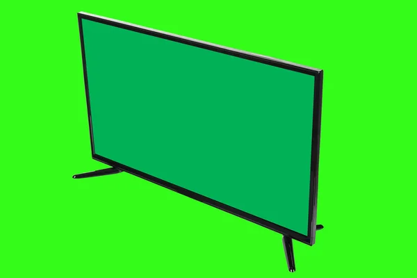 現代の高精細テレビ 抽象的なぼやけたクロマキーの背景に隔離された 空白の緑色の画面を持つ液晶フラットモニター 技術と4Kテレビの広告コンセプト 詳細なスタジオクローズアップ — ストック写真