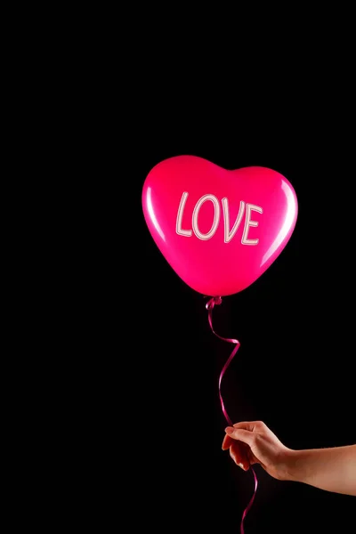 Female Hand Holds Red Rubber Inflatable Heart Shape Balloon Love — Stock Photo, Image