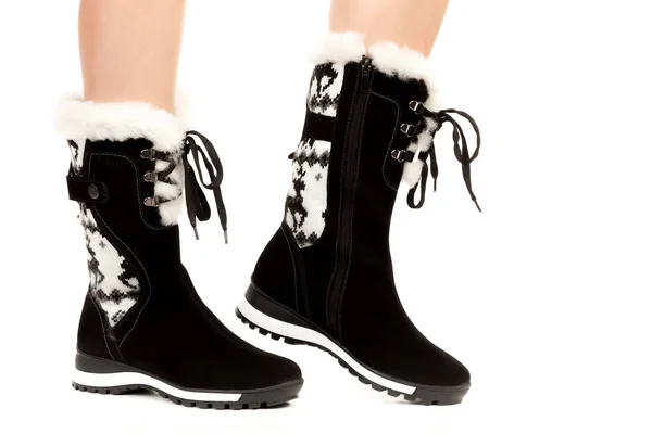 Damenschuhe Lange Schlanke Frauenbeine Tragen Warme Lederstiefel Mode Attrappe Mit — Stockfoto