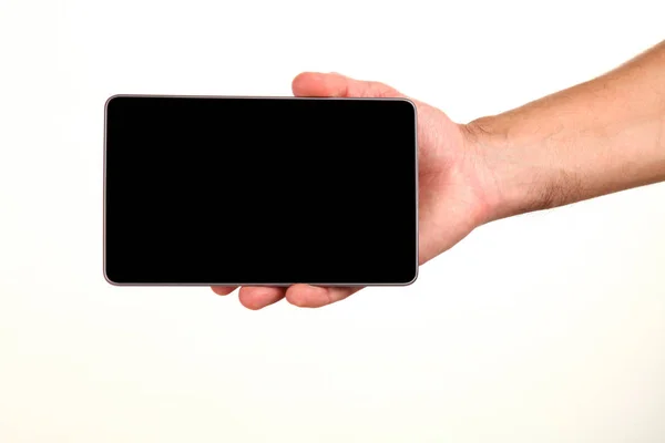 Menselijke Hand Houdt Een Moderne Smartphone Met Een Leeg Chromakey — Stockfoto