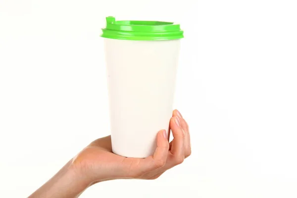 Människans Hand Håller Ett Tomt Papper Kaffekopp Med Plastlock Begreppet — Stockfoto