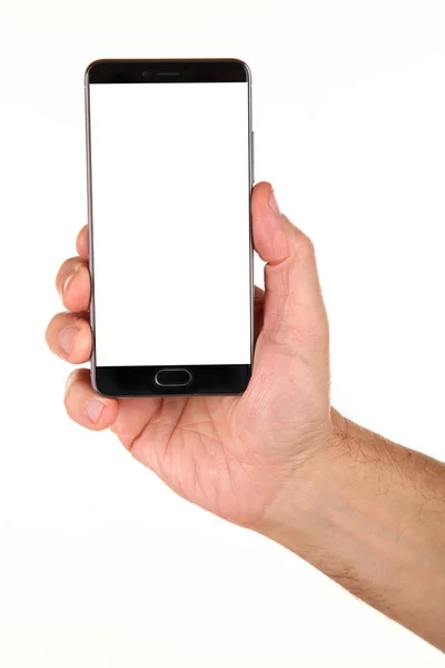 Рука Людини Тримає Сучасний Смартфон Порожнім Хроматичним Екраном Долоні Технологія — стокове фото