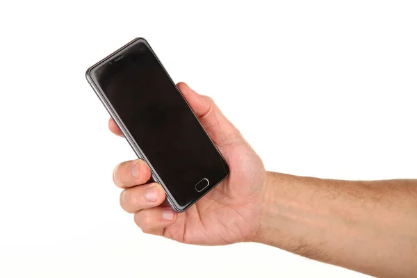 Human Hand Holds Modern Smartphone Blank Chromakey Screen Palm Technology — Stock Photo, Image