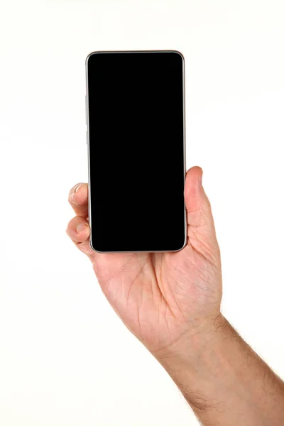 Lidská Ruka Drží Moderní Smartphone Prázdnou Chromakey Obrazovkou Dlani Technologie — Stock fotografie
