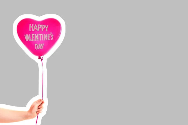 Female Hand Holds Red Rubber Inflatable Heart Shape Balloon Love — 스톡 사진