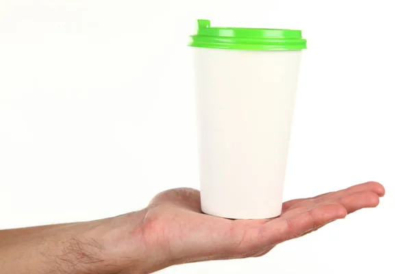 Mão Humana Segura Papel Branco Copo Café Com Tampa Plástico — Fotografia de Stock