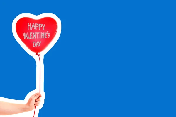 Female Hand Holds Red Rubber Inflatable Heart Shape Balloon Love — 스톡 사진