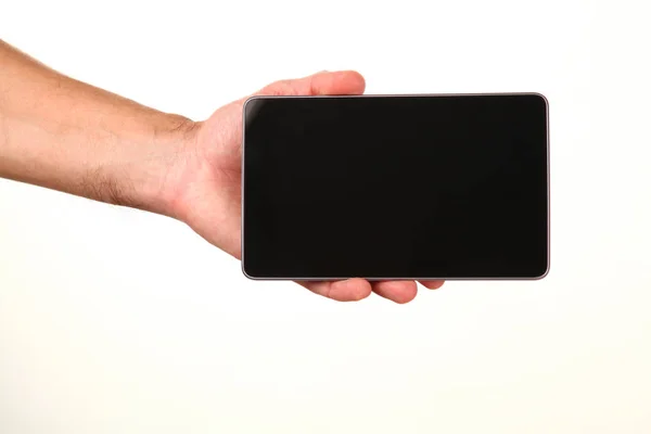 Human Hand Holds Modern Smartphone Blank Chromakey Screen Palm Technology — 스톡 사진