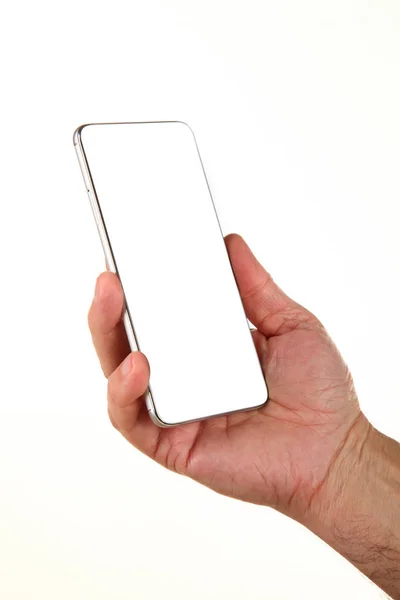 Die Menschliche Hand Hält Ein Modernes Smartphone Mit Einem Leeren — Stockfoto