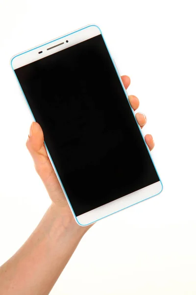 Mão Humana Segura Smartphone Moderno Com Uma Tela Cromada Branco — Fotografia de Stock
