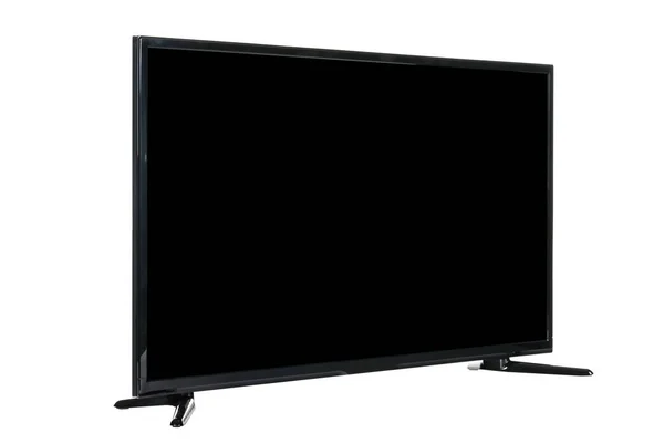 Modern high definition TV. LCD flat monitor with blank black screen, isolated on abstract blurred white background. Technology and 4k television advertising concept. Detailed studio closeup