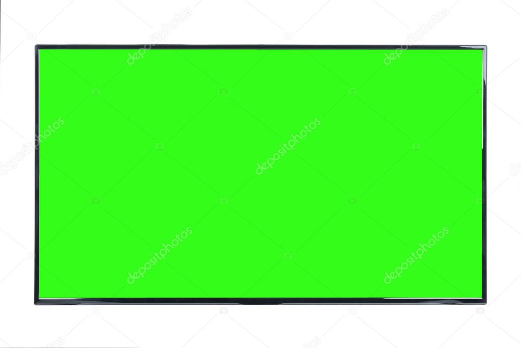 Modern high definition TV. LCD flat monitor with blank green chromakey screen, isolated on abstract blurred white background. Technology and 4k television advertising concept. Detailed studio closeup