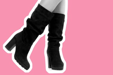 Bayan giysi ayakkabısı. Uzun ince dişinin bacakları yüksek topuklu uzun çizmeler giyer. Fotokopi alanı olan moda modeli. Klasik ve günlük kıyafet konsepti. Ayrıntılı yakın çekim stüdyo çekimi. Dergi tarzı moda kolajı