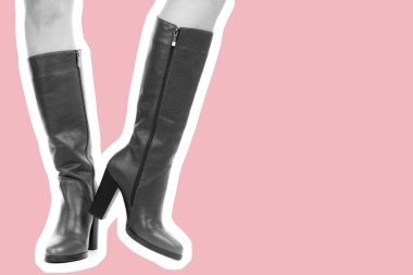 Bayan giysi ayakkabısı. Uzun ince kadın bacakları yüksek topuklu uzun çizme giyer. Fotokopi alanı olan moda modeli. Klasik ve günlük kıyafet konsepti. Ayrıntılı yakın çekim stüdyo çekimi. Dergi tarzı moda kolajı