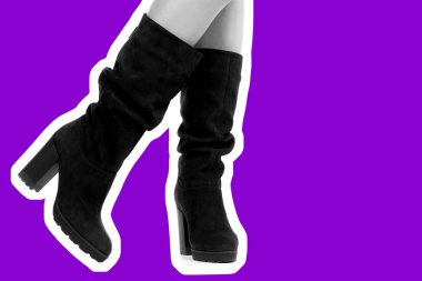 Bayan giysi ayakkabısı. Uzun ince dişinin bacakları yüksek topuklu uzun çizmeler giyer. Fotokopi alanı olan moda modeli. Klasik ve günlük kıyafet konsepti. Ayrıntılı yakın çekim stüdyo çekimi. Dergi tarzı moda kolajı