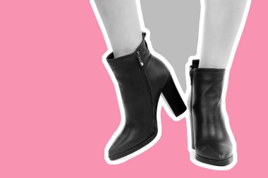 Bayan giysi ayakkabısı. Uzun ince kadın bacakları yüksek topuklu ayakkabı giyer. Fotokopi alanı olan moda modeli. Klasik ve günlük kıyafet konsepti. Ayrıntılı yakın çekim stüdyo çekimi. Dergi tarzı moda kolajı