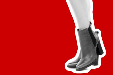 Bayan giysi ayakkabısı. Yüksek topuklu ayakkabı giyen uzun ince kadın bacakları. Fotokopi alanı olan moda modeli. Klasik ve günlük kıyafet konsepti. Ayrıntılı yakın çekim stüdyo çekimi. Dergi tarzı moda kolajı