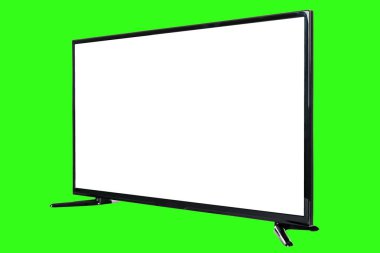 Modern yüksek çözünürlüklü televizyon. Lcd düz ekran, boş kromakey ekran, soyut, bulanık yeşil arkaplan üzerinde izole. Teknoloji ve 4K televizyon reklam konsepti. Ayrıntılı stüdyo kapanışı