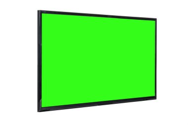Modern yüksek çözünürlüklü televizyon. Lcd düz ekran, boş yeşil renkli ekran, soyut, bulanık beyaz arka planda izole edilmiş. Teknoloji ve 4K televizyon reklam konsepti. Ayrıntılı stüdyo kapanışı