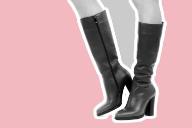 Bayan giysi ayakkabısı. Uzun ince kadın bacakları yüksek topuklu uzun çizme giyer. Fotokopi alanı olan moda modeli. Klasik ve günlük kıyafet konsepti. Ayrıntılı yakın çekim stüdyo çekimi. Dergi tarzı moda kolajı