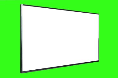 Modern yüksek çözünürlüklü televizyon. Lcd düz ekran, boş kromakey ekran, soyut, bulanık yeşil arkaplan üzerinde izole. Teknoloji ve 4K televizyon reklam konsepti. Ayrıntılı stüdyo kapanışı