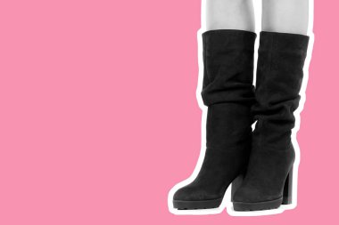 Bayan giysi ayakkabısı. Uzun ince kadın bacakları yüksek topuklu uzun çizmeler giyer. Fotokopi alanı olan moda modeli. Klasik ve günlük kıyafet konsepti. Detaylı yakın çekim stüdyo çekimi Magazin tarzı moda kolajı