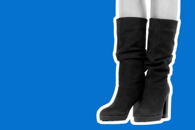 Bayan giysi ayakkabısı. Uzun ince kadın bacakları yüksek topuklu uzun çizme giyer. Fotokopi alanı olan moda modeli. Klasik ve günlük kıyafet konsepti. Ayrıntılı yakın çekim stüdyo çekimi. Dergi tarzı moda kolajı