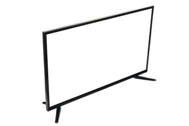 Modern yüksek çözünürlüklü televizyon. Lcd düz ekran ve boş ekran, soyut bulanık beyaz arkaplan üzerinde izole. Teknoloji ve 4K televizyon reklam konsepti. Ayrıntılı stüdyo kapanışı