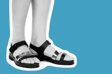 Bayan giysi ayakkabısı. Deri sandalet giyen uzun ince kadın bacakları. Fotokopi alanı olan moda modeli. Klasik ve günlük kıyafet konsepti. Ayrıntılı yakın çekim stüdyo çekimi. Dergi tarzı moda kolajı