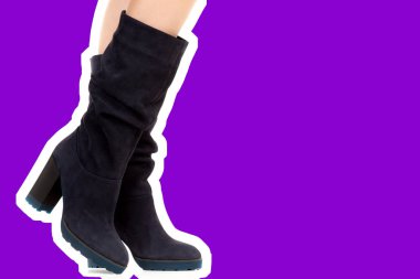 Bayan giysi ayakkabısı. Uzun ince kadın bacakları yüksek topuklu uzun çizme giyer. Fotokopi alanı olan moda modeli. Klasik ve günlük kıyafet konsepti. Ayrıntılı yakın çekim stüdyo çekimi. Dergi tarzı moda kolajı