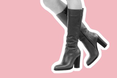 Bayan giysi ayakkabısı. Uzun ince kadın bacakları yüksek topuklu uzun çizme giyer. Fotokopi alanı olan moda modeli. Klasik ve günlük kıyafet konsepti. Ayrıntılı yakın çekim stüdyo çekimi. Dergi tarzı moda kolajı