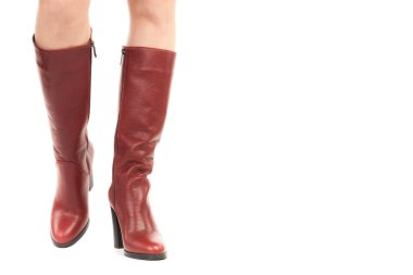 Bayan giysi ayakkabısı. Uzun ince dişinin bacakları yüksek topuklu uzun çizmeler giyer. Fotokopi alanı olan moda modeli. Klasik ve günlük kıyafet konsepti. Ayrıntılı yakın çekim stüdyo çekimi beyaz arkaplanda izole edildi