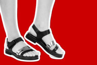 Bayan giysi ayakkabısı. Deri sandalet giyen uzun ince kadın bacakları. Fotokopi alanı olan moda modeli. Klasik ve günlük kıyafet konsepti. Detaylı yakın çekim stüdyo çekimi Magazin tarzı moda kolajı