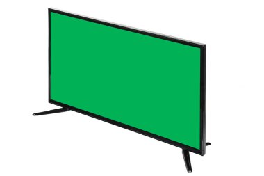 Modern yüksek çözünürlüklü televizyon. Lcd düz ekran, boş yeşil renkli ekran, soyut, bulanık beyaz arka planda izole edilmiş. Teknoloji ve 4K televizyon reklam konsepti. Ayrıntılı stüdyo kapanışı