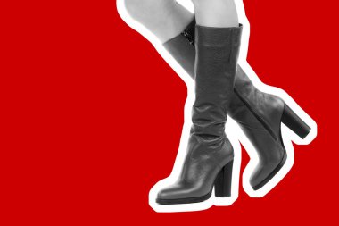 Bayan giysi ayakkabısı. Uzun ince kadın bacakları yüksek topuklu uzun çizme giyer. Fotokopi alanı olan moda modeli. Klasik ve günlük kıyafet konsepti. Ayrıntılı yakın çekim stüdyo çekimi. Dergi tarzı moda kolajı