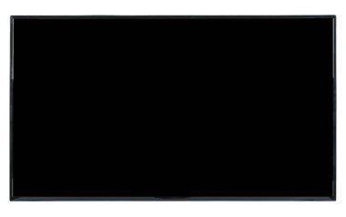 Modern yüksek çözünürlüklü televizyon. Lcd düz ekran, boş siyah renkli ekran, soyut, bulanık beyaz arkaplan üzerinde izole. Teknoloji ve 4K televizyon reklam konsepti. Ayrıntılı stüdyo kapanışı