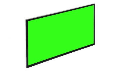 Modern yüksek çözünürlüklü televizyon. Lcd düz ekran, boş yeşil renkli ekran, soyut, bulanık beyaz arka planda izole edilmiş. Teknoloji ve 4K televizyon reklam konsepti. Ayrıntılı stüdyo kapanışı