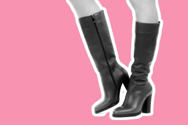 Bayan giysi ayakkabısı. Uzun ince kadın bacakları yüksek topuklu uzun çizmeler giyer. Fotokopi alanı olan moda modeli. Klasik ve günlük kıyafet konsepti. Detaylı yakın çekim stüdyo çekimi Magazin tarzı moda kolajı