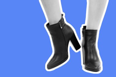 Bayan giysi ayakkabısı. Uzun ince kadın bacakları yüksek topuklu ayakkabı giyer. Fotokopi alanı olan moda modeli. Klasik ve günlük kıyafet konsepti. Ayrıntılı yakın çekim stüdyo çekimi. Dergi tarzı moda kolajı