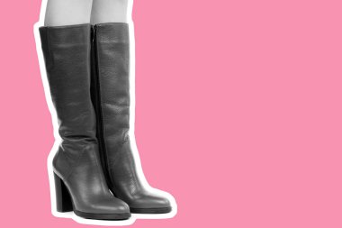 Bayan giysi ayakkabısı. Uzun ince kadın bacakları yüksek topuklu uzun çizmeler giyer. Fotokopi alanı olan moda modeli. Klasik ve günlük kıyafet konsepti. Detaylı yakın çekim stüdyo çekimi Magazin tarzı moda kolajı