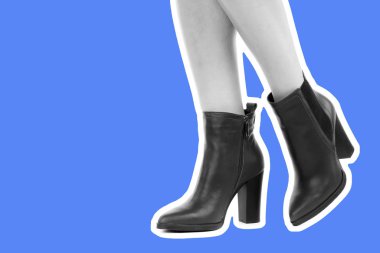 Bayan giysi ayakkabısı. Uzun ince kadın bacakları yüksek topuklu ayakkabı giyer. Fotokopi alanı olan moda modeli. Klasik ve günlük kıyafet konsepti. Ayrıntılı yakın çekim stüdyo çekimi. Dergi tarzı moda kolajı