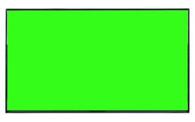 Modern yüksek çözünürlüklü televizyon. Lcd düz ekran, boş yeşil renkli ekran, soyut, bulanık beyaz arka planda izole edilmiş. Teknoloji ve 4K televizyon reklam konsepti. Ayrıntılı stüdyo kapanışı