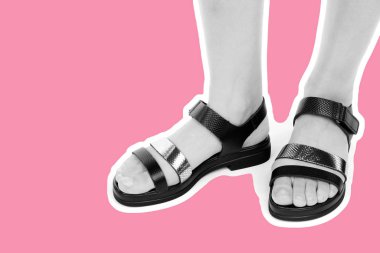 Bayan giysi ayakkabısı. Deri sandalet giyen uzun ince kadın bacakları. Fotokopi alanı olan moda modeli. Klasik ve günlük kıyafet konsepti. Detaylı yakın çekim stüdyo çekimi Magazin tarzı moda kolajı